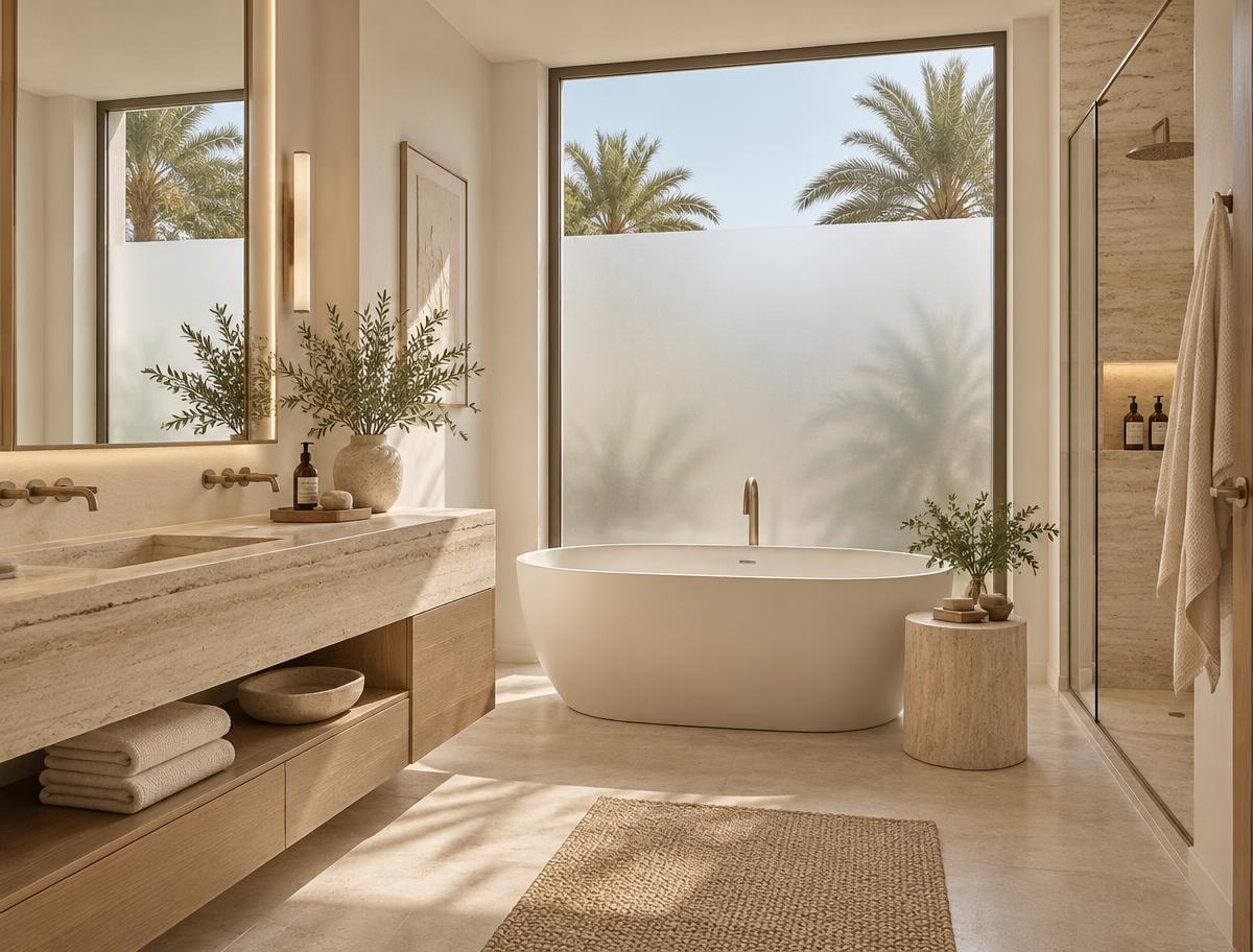 Illustration of a bright villa bathroom with travertine and oak, its window frosted on the lower three quarters with clear glass above showing palm tops