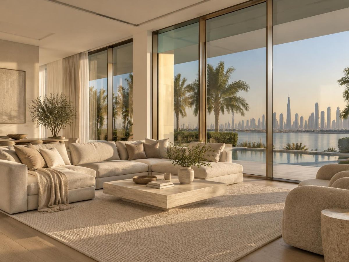 Illustration of a sunlit villa lounge with tall glazing reflecting palms and sky