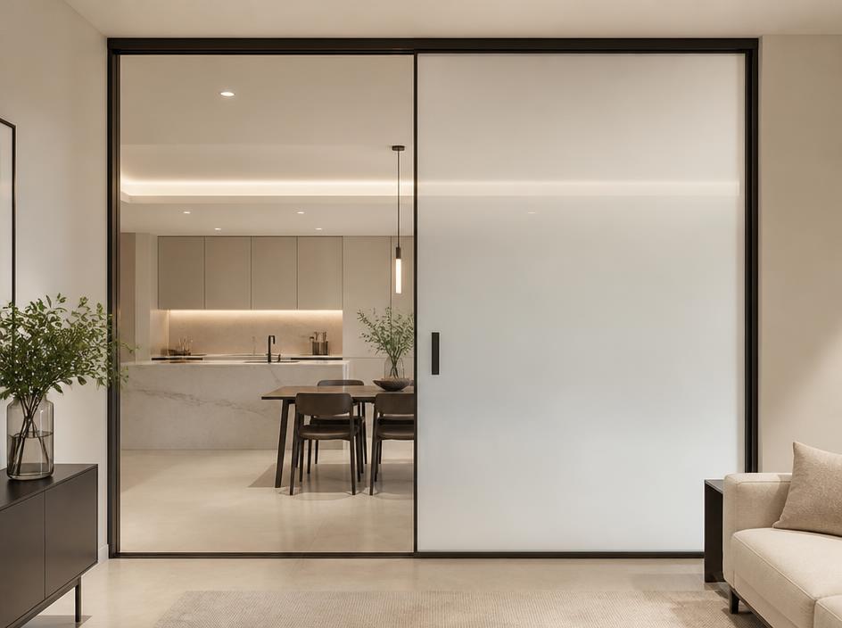 Illustration of a glass partition, one panel clear and one switched to frosted
