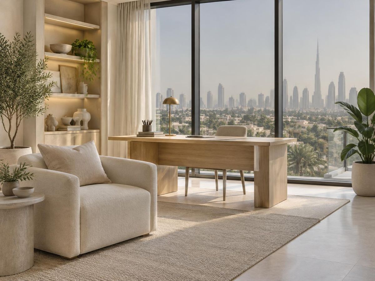 Illustration of a home office with softly tinted windows overlooking palms and the skyline