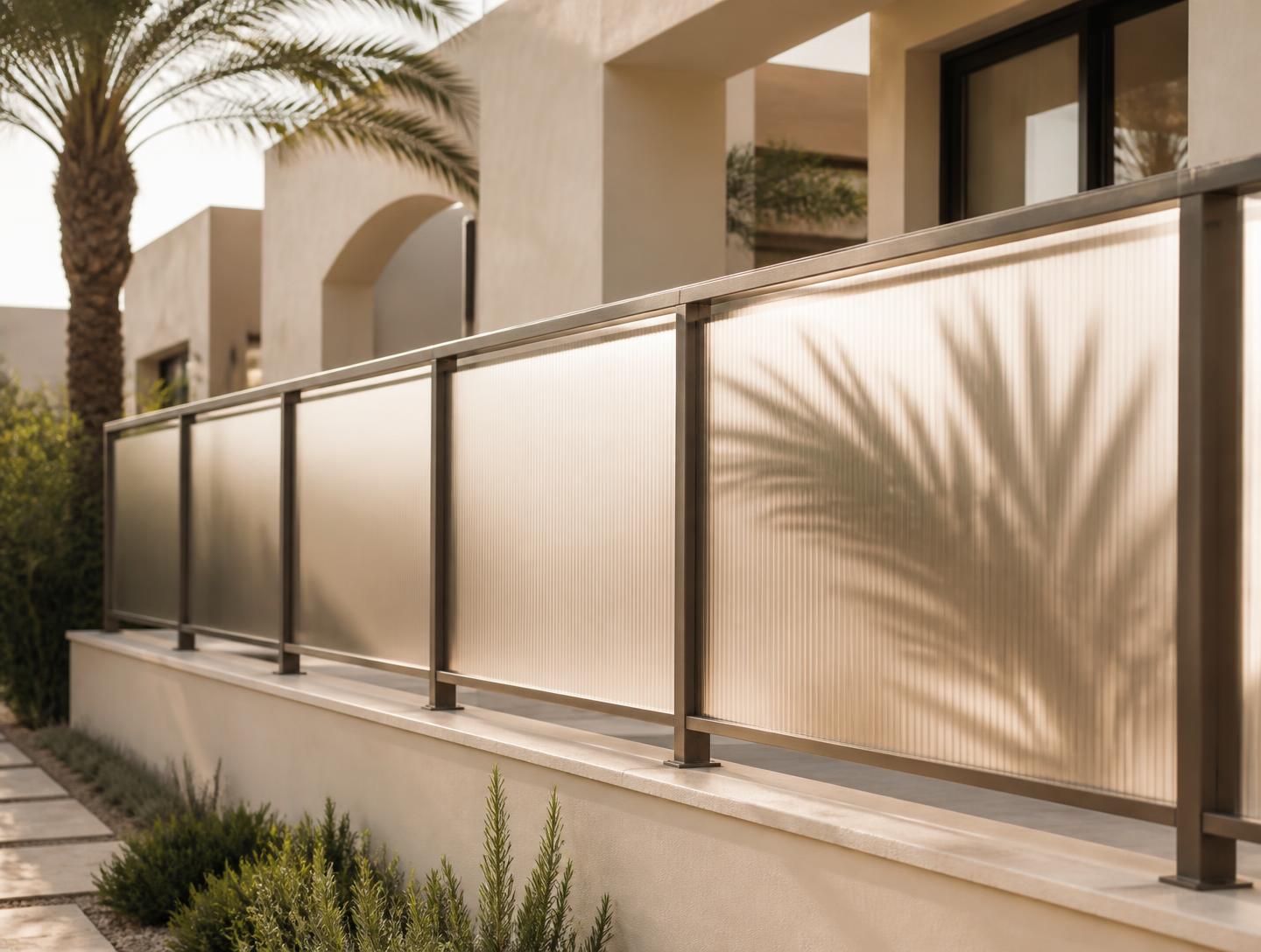 Illustration of frosted translucent sheets fitted along a modern garden railing beside a villa terrace